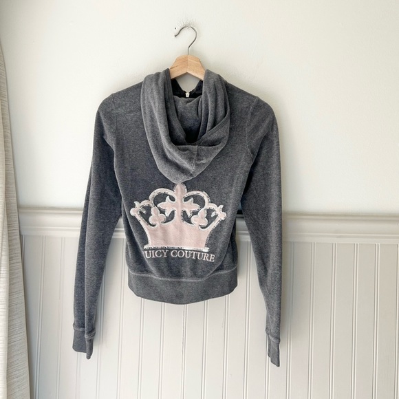 Juicy Couture Tops - Y2K Juicy Couture Gray Pink Velour Sequin Crown Zip Up Hoodie